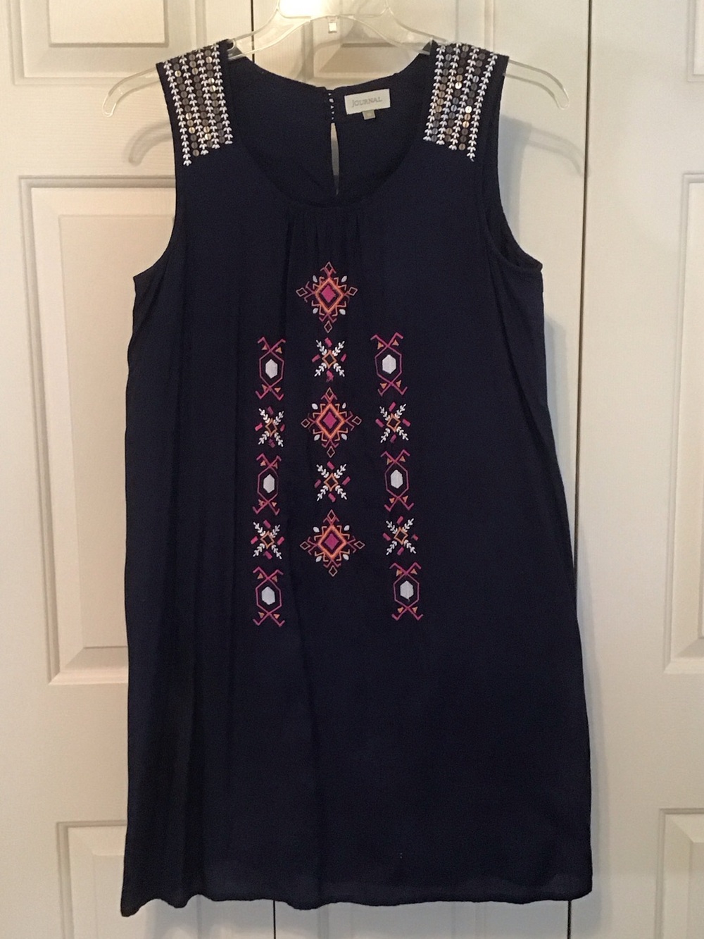 Embroidered Navy Sleeveless Mini Dress with Beaded Shoulders